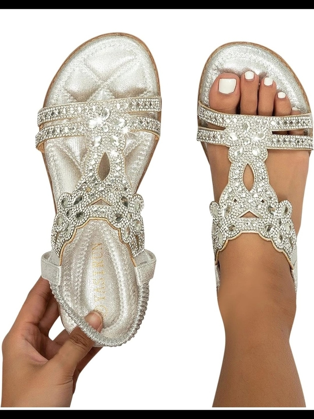 Women's Silver Rhinestone T-strap Sandals Size 10